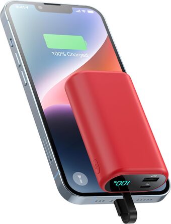 Виходи, LED дисплей, сумісний з iPhone 14/13/12/11 (червоний), 10800mAh, PD 15W, 3