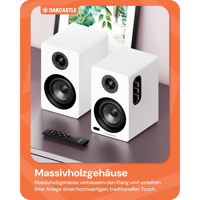 Акустична система Oakcastle BK100 Bluetooth 5.4, 60W 2.0 Hi-Fi поличні колонки для телевізора (HDMI ARC) та ПК, білі, з пультом