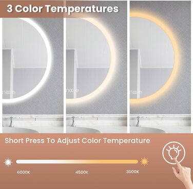 Дзеркало для ванної кімнати Habison з підсвічуванням 70x70 см, LED, з годинником та сенсорним вимикачем, регулювання яскравості, тепле/холодне/нейтральне світло, антизапотівання, 3-кратне збільшення