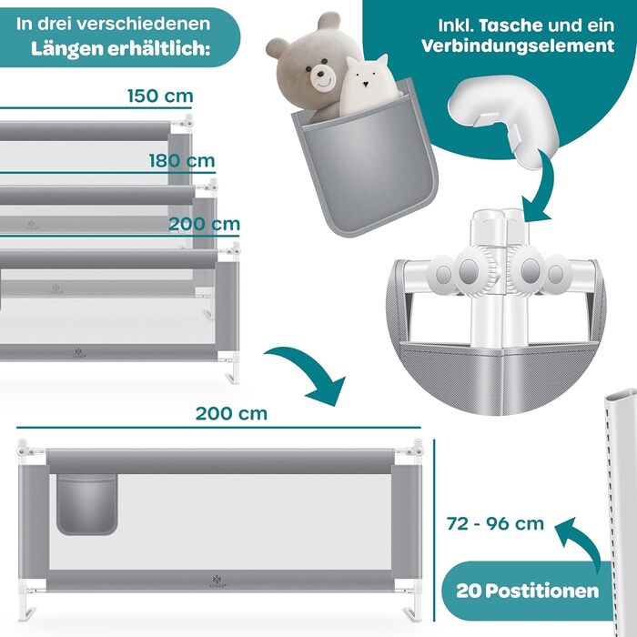 Захисний бортик для ліжка KESSER 200 см, сірий. Бортик для дитячого ліжка, захист від випадання, складаний та регульований по висоті, сітка Mesh, з кишенею