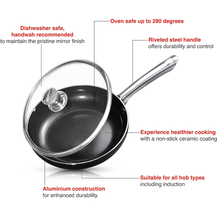 Сковорода INTIGNIS 28 см індукційна зі скляною кришкою, високий обідок, антипригарне антипригарне покриття з керамічним армуванням, кришка з жаростійкого скла (28 см, чорна) 28 см Чорний