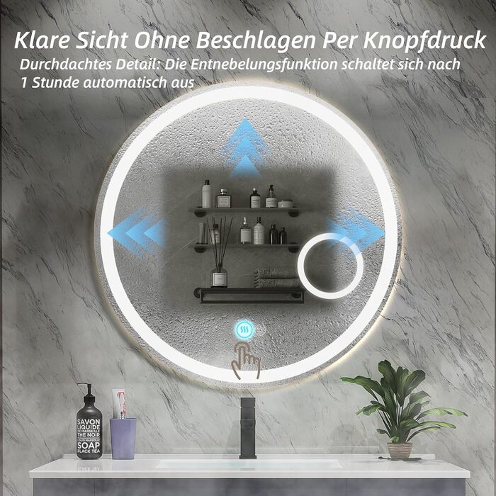 Дзеркало для ванної кімнати HySail з підсвічуванням, 5 мм, високоякісний срібний, 3 колірні температури та регульована яскравість, настінне, з сенсорним вимикачем та антизапарюючим покриттям, кругле (70x70 см)