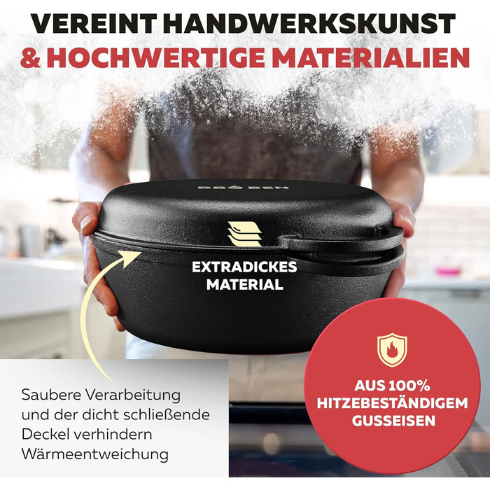 Гusseisen Bräter (34 см) з кришкою: сковорода-жаровня з чавуну для гриля, Dutch Oven, для індукції, газового гриля та духовки