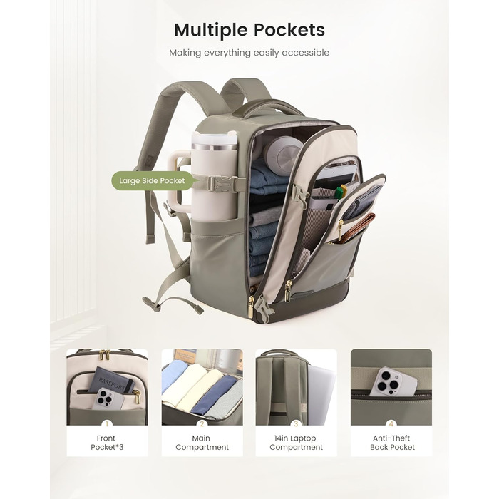 Рюкзак для ручної поклажі LOVEVOOK Ryanair 40x20x25, рюкзак для подорожей, дамський, 20L, під ноутбук, під сидіння літака (Бежево-зелений, 40 x 20 x 25 см)