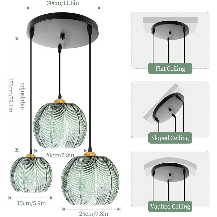 Світлові підвісні світильники зі скла, сучасні для обіднього столу/вітальні/спальні/офісу/кухні (3 голови), 3