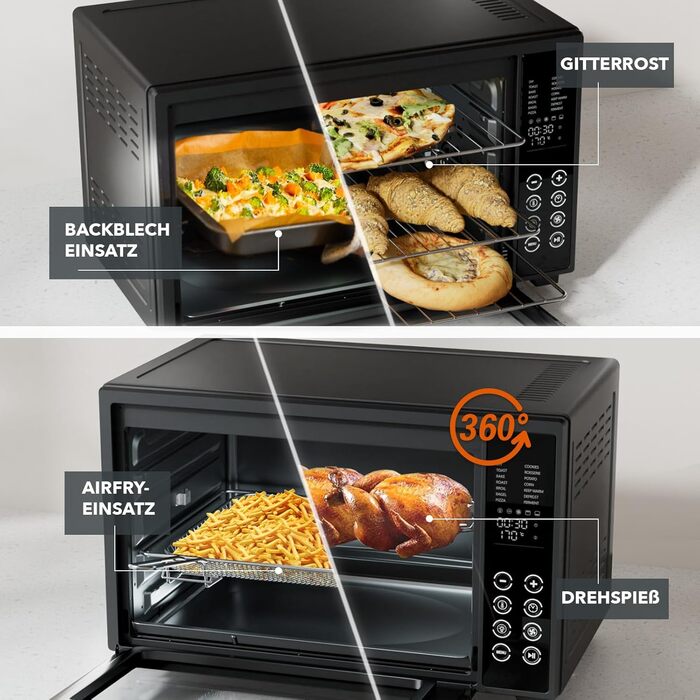 Багатофункціональна міні-піч Heinrich's з об'ємом 48л, конвекція, таймер 8год, підсвітка, 100-230°C, сенсорне керування, з аксесуарами, чорна, 2000W