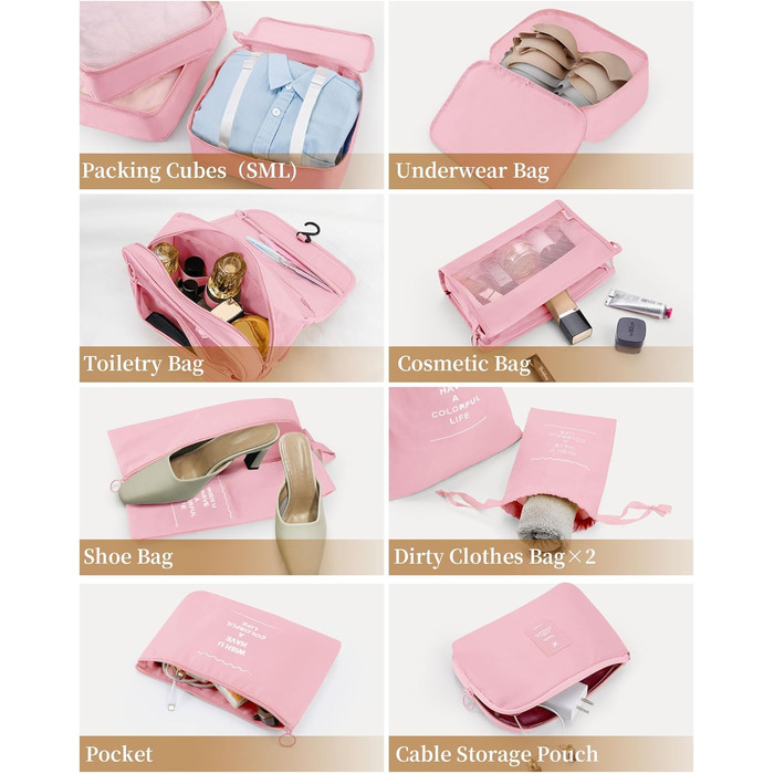 Набір органайзерів для подорожей Anjing (11 предметів), водонепроникні пакувальні куби для валізи, компактний органайзер для одягу в дорогу, рожевий