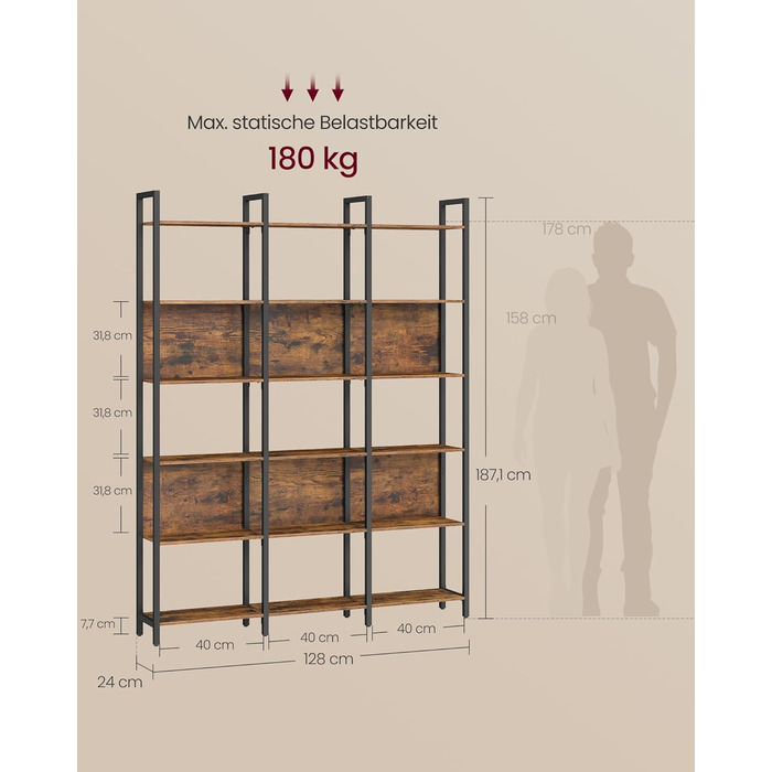 Стелаж VASAGLE з 5 відкритими полицями: для кухні, вітальні, офісу, промисловий дизайн, 24 x 128 x 154,1 см, vintagebraun-tintenschwarz