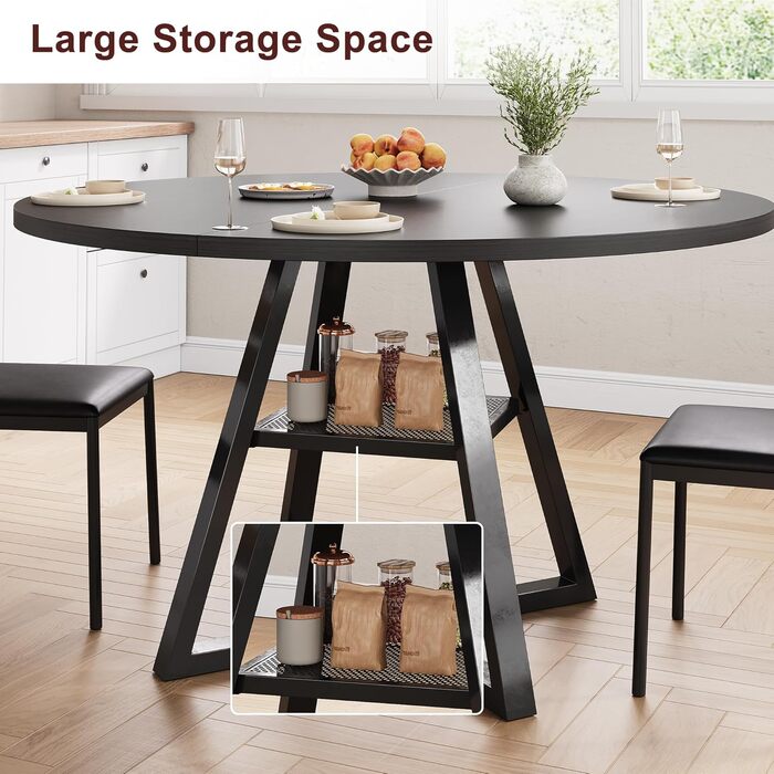 Круглий обідній стіл для 2-4 осіб з поличкою, дерев'яний кухонний стіл в індустріальному стилі (107x107x76 см), чорний колір