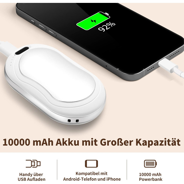 Електричні грілки для рук 2 шт. 10000 mAh з цифровим дисплеєм, USB-зарядка, Powerbank, подарунок на зиму для жінок та дітей (чорний/сріблястий)