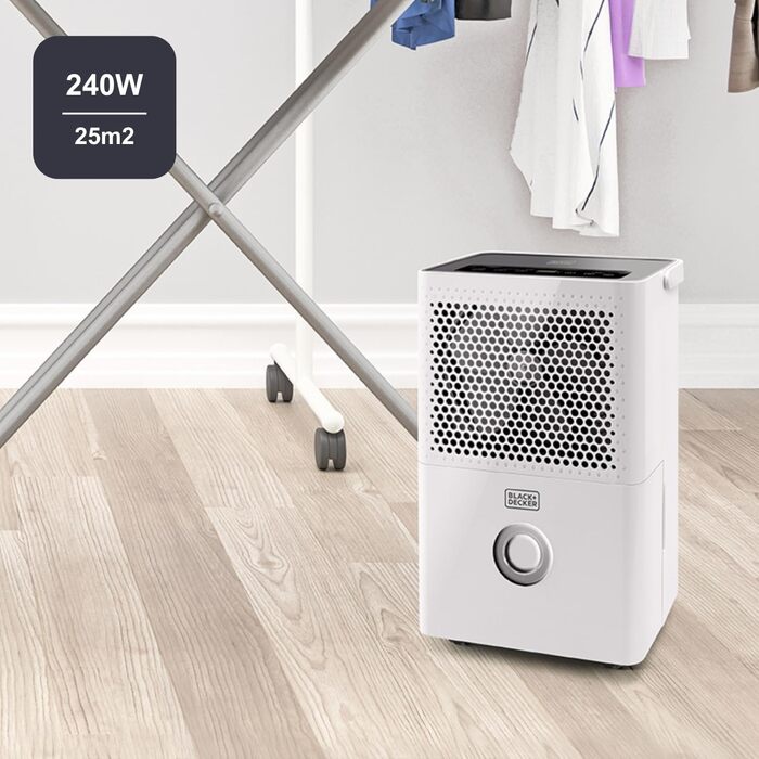 Зволожувач повітря BLACK+DECKER BXDH12E, 12 л/24 год, функція сушіння, 2 швидкості, резервуар 1.8 л, програмування 24 год, знімний та миючий фільтр, до 25 м², тихий