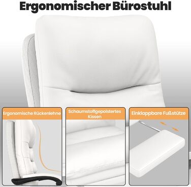 Ергономічне крісло для офісу Naspaluro з підніжкою, комп'ютерне крісло з двошаровою подушкою, високою спинкою, функцією відкидання, регулюванням висоти, з PU-шкіри, до 150 кг (Білий, Штучна шкіра)