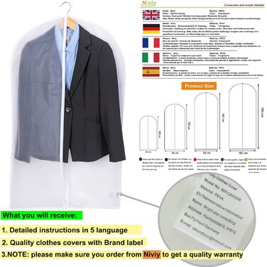 Сумка для одягу Niviy, костюм з 6 предметів, високоякісна сумка для одягу, прозора дихаюча тканина 60x100 см, для костюмів, пальто, піджаки, сорочки, вечірні сукні, сумка для костюмів ,чохол для сукні (білий, 60x10060X120 см)