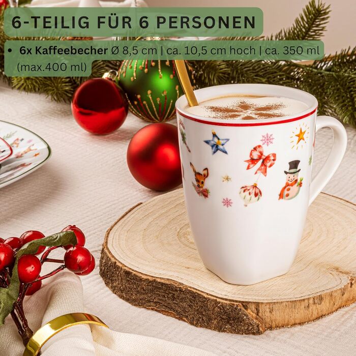 Набір кавових чашок SÄNGER Bilgola Christmas Design (6 шт.) з порцеляни, 350 мл | Преміум якість, для 6 осіб, придатні для миття в посудомийній машині