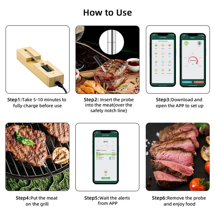 Бездротовий термометр Mcbazel Smart Meat Thermometer з радіусом дії 45 м, Таймер/сигнал тривоги, підтримує віддалений моніторинг/додаток, термометр для варіння/гриля/запікання