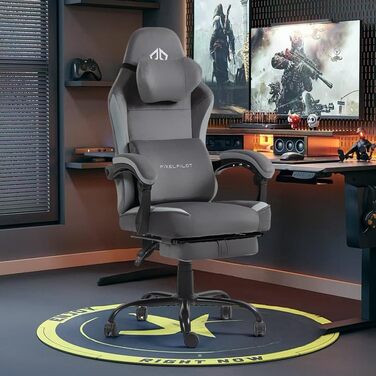 Ігровий крісло PixelPilot Nebula (Сірий Pure) з підніжкою, підтримкою голови та попереку, дихаючий матеріал, широке сидіння, до 150 кг