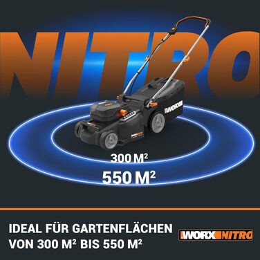 WORX WG737E акумуляторний газонокосарка Nitro 40V (2x20V) - безщітковий двигун, ширина зрізу 37 см, 6 рівнів висоти зрізу (20-70 мм), 40л травозбірник, 2x4Ah акумулятори та подвійний зарядний пристрій, без приводного колеса