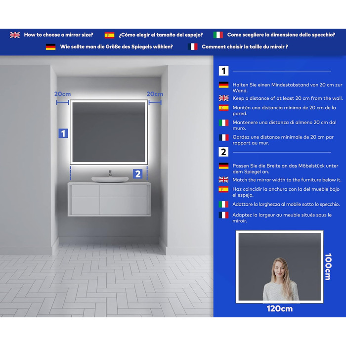 Дзеркало для ванної кімнати з підсвічуванням FORAM - LED дзеркало 120x70 см - на замовлення - сучасний дизайн без рами (Ambient Line)