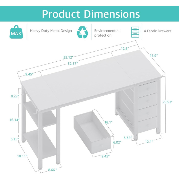 Комп'ютерний стіл Lufeiya з 4 висувними ящиками та полицями для зберігання, для дому, офісу, спальні, сучасний, простий дизайн, для студентів, ПК, 119,4 см
