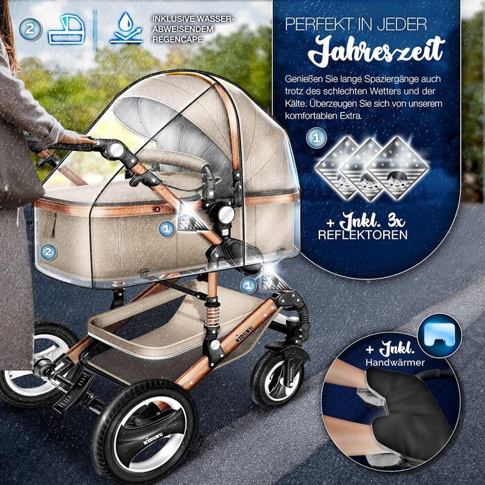 Дитяча коляска KIDUKU® 3 в 1 XXL Комплект | Комбінована коляска з люлькою, прогулянковим блоком та автокріслом | З підніжкою, сумкою для пеленання, підігрівачами для рук, дощовиком та столиком | З повного гуми | Відповідає стандарту ECE R129 (Бежевий / Мі