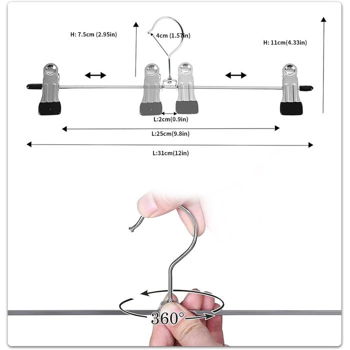 Металеві вішалки для штанів ABHENG, протиковзкі, обертаються на 360, 31 см, сріблясто-чорні, 20 шт.