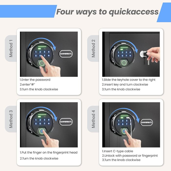 Сейф з відбитком пальця з LED-підсвічуванням – біометричний сейф з тихим відкриванням, підсвічуванням клавіатури, нержавіюча сталь, захист від викрадення