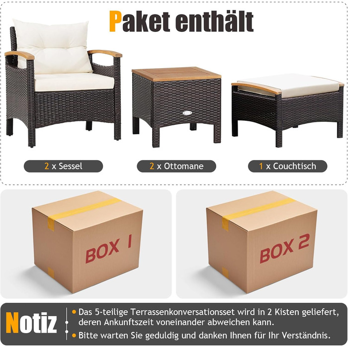 Набір садових меблів GIANTEX 5 предметів: 2 крісла, 2 пуфи та столик - ротанг, кремово-білий колір, для саду та балкону