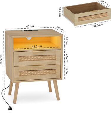 Набір з 2 приліжкових тумбочок з ротангу, LED-підсвічуванням, розетками, регульованим кольором, з відкритим простором та 2 висувними ящиками з ротангу, масивні дерев'яні ніжки, колір дерева (2 шт.)