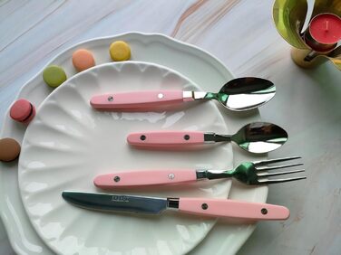 EXZACT Набір столових приборів 24 шт. з нержавіючої сталі, з ручками з заклепками/Столові прибори в ретро-стилі - 6 виделок, 6 ножів, 6 ложок, 6 чайних ложок - Рожевий