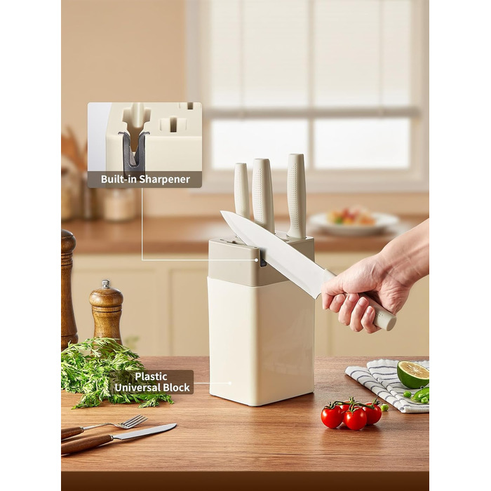 Набір кухонних ножів Yabano 7 предметів з підставкою та точилкою, кухонний набір з пластиковою підставкою (білий)