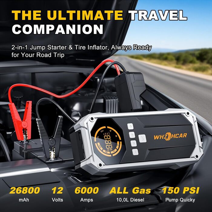 Портативний пусковий пристрій Starthilfe Powerbank 6000A з компресором, ліхтарем Lumen та LCD-дисплеєм. Чорний