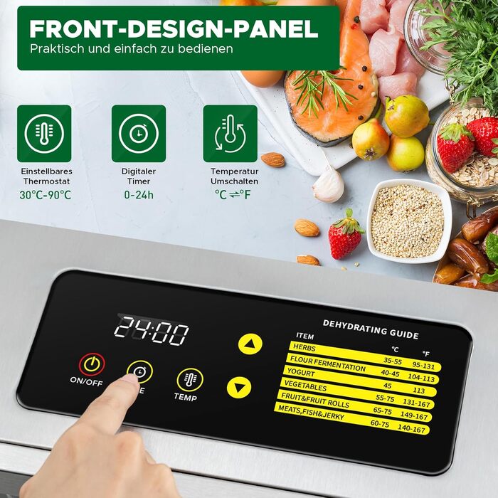 Електрична сушарка для продуктів Kwasyo з нержавіючої сталі, 12 ярусів, 30-90°C, таймер 24 год