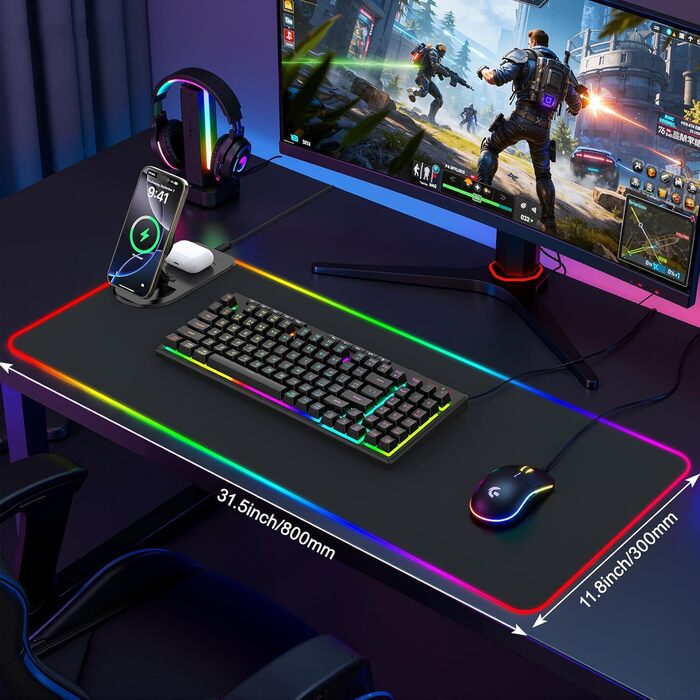 RGB ігровий килимок для миші з бездротовою зарядкою Qi 15W, LED підсвічуванням, 10 режимів, водонепроникний, протиковзкий, для геймінгу, офісу та дому (чорний)