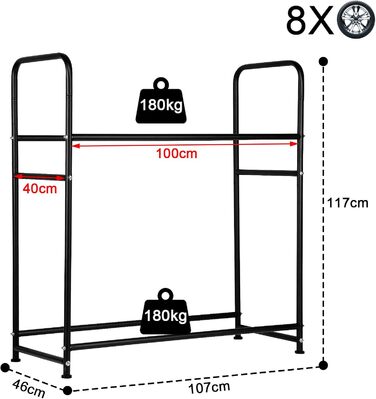 Стійка для шин на 8 шин, 107x46x117 см, для гаража. Місткість 180 кг, з захисною оболонкою. Регулювання висоти.