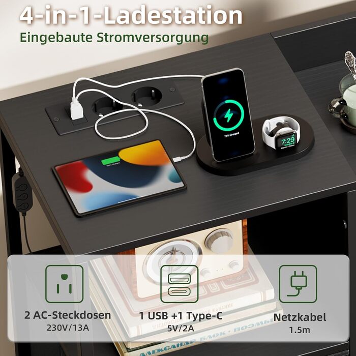 Комод Somdot з висувними ящиками для спальні, вітальні, передпокою з LED-підсвічуванням та розетками (2 AC, 1 USB, 1 Type-C), 5 тканинних ящиків, білий, 29T x 66,5B x 70,5H cm (Чорний, 29T x 99B x 70.5H cm (8 ящиків))