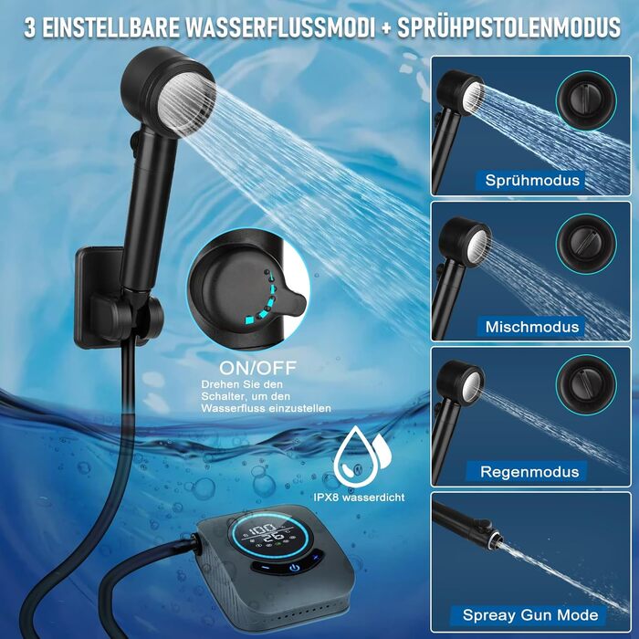 Портативна душова кабіна для кемпінгу Spopal з акумулятором 8000mAh, насосом та індикатором температури. Комплект для відпочинку на природі, автомийки, пляжу, подорожей та догляду за тваринами (сірий)