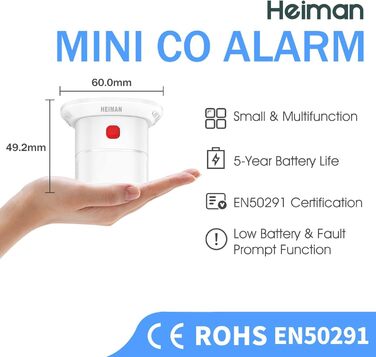 Детектор чадного газу HEIMAN з Wi-Fi, 10 років служби, сумісний з Tuya/SmartLife, EN50291, портативний (HS1CA)