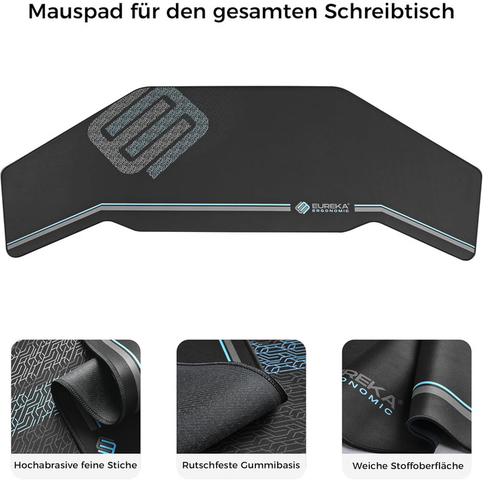 Ігровий стіл EUREKA ERGONOMIC 160x74 см - великий стіл у формі крила з 2 відсіками для iPad. Підходить для дому, офісу, стрімінгу. Чорний колір.