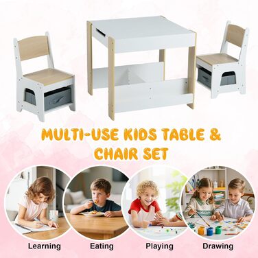 Дитячий стіл LIFEZEAL 3 в 1 з 2 стільцями: стіл для малювання, активностей та їжі. Дитяча меблева група з дерева з місцем для зберігання (колір дерева)