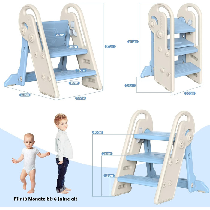 Дитячий підсвічник Onasti Tritthocker: регульована висота, 3 сходинки, з ручками, складний, антиковзний, для кухні, ванної, туалету (сірий, сіро-білий, блакитний)
