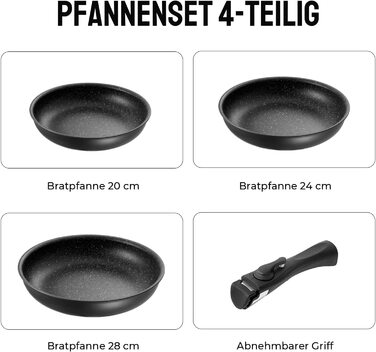 Набір сковорідок Fadware-4 шт. 202428 см / Набір сковорідок зі знімною ручкою для всіх типів плит, включаючи індукційну / антипригарну