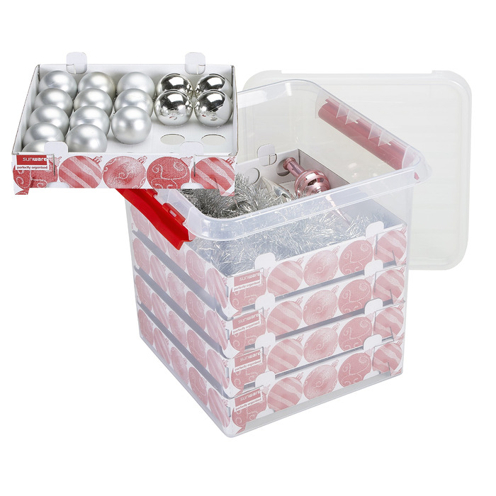 Короб для прикрас Sunware Q-Line, 38 л, прозорий, червоний, для 125 кульок