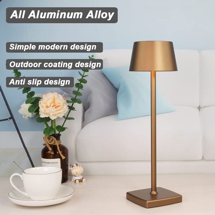 LED настільна лампа бездротова, 6000mAh, IP54, алюміній, сенсорне керування, тепле світло, для спальні, кав'ярні, ресторану (коричнева)