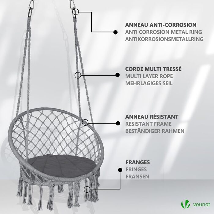 Підвісне крісло-гойдалка VOUNOT з полицею для книг та подушкою, для дому та саду, діаметр сидіння 80 см, X-Large, сірий колір