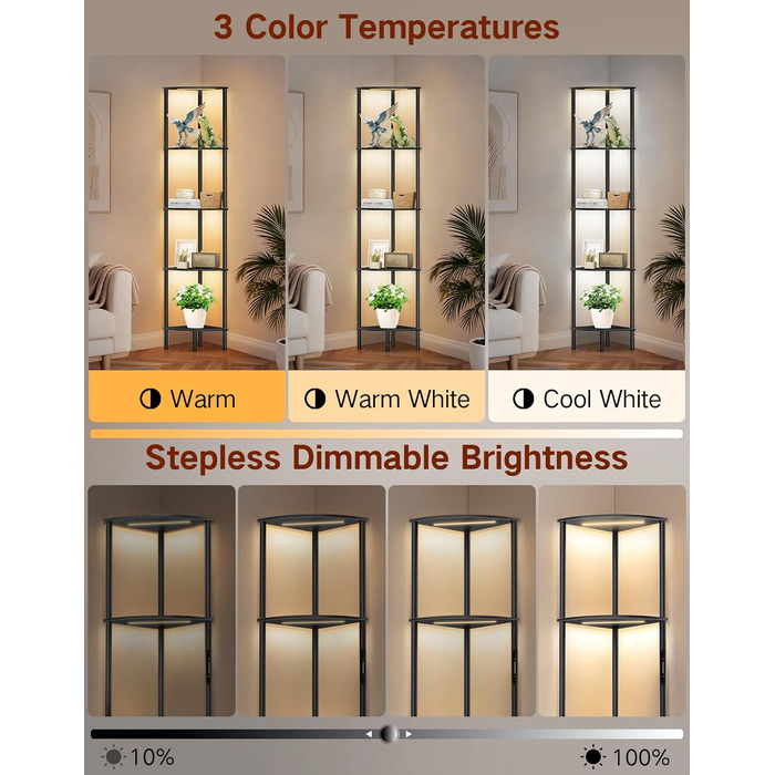 LED торшер з полицею, 3 режими світла, димування (сенсор/пульт), кутова полиця 5 рівнів, вузька книжкова шафа для вітальні, спальні, офісу, чорний