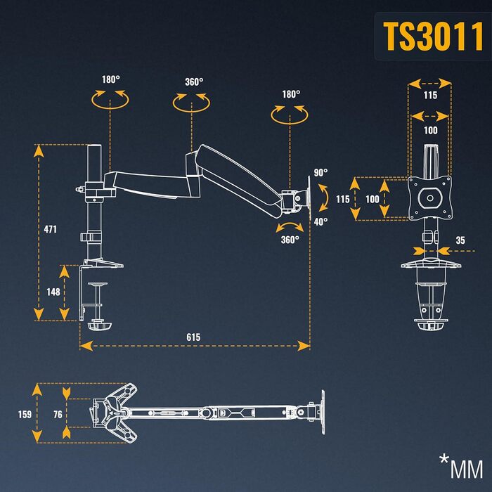 Кріплення для монітора RICOO TS3011 - тримач для одного монітора 13-34 дюймів, VESA 75x75/100x100, газлифт, для кріплення на стіл