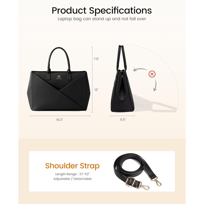 LOVEVOOK Сумка для ноутбука 15.6 дюймів, жіноча, велика, шкіряна, на плечі, для роботи, навчання, офісу, універсальна, чорна