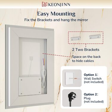 Дзеркало для ванної кімнати Keonjinn з підсвічуванням 50x70 см, без запотівання, LED, сенсорне керування, 3 кольори, регулювання яскравості, пам'ять, без рамки