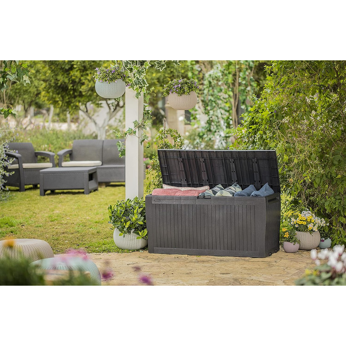 Ящик для подушок/садовий ящик Koll Living 270л графіт, водонепроникний, з вентиляцією, дерев'яний вигляд, витримує до 250 кг