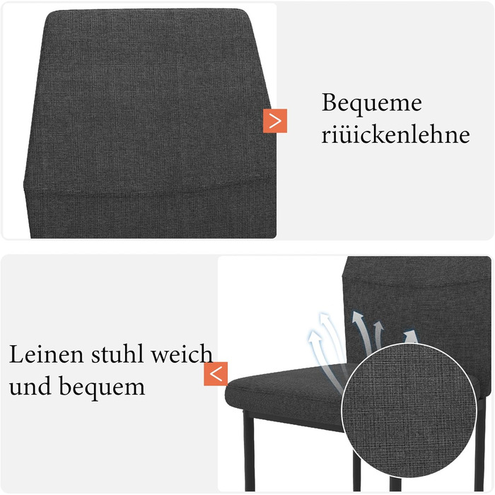 Стілець для обідньої кімнати GOLDFAN (4 шт.) з тканини льон, сірий (чорний), сучасний дизайн, з металевими ніжками